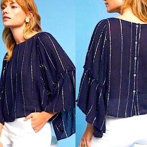 Anthropologie Floreat Navy Blue festival semi sheer Blouse Top fairy Bell L